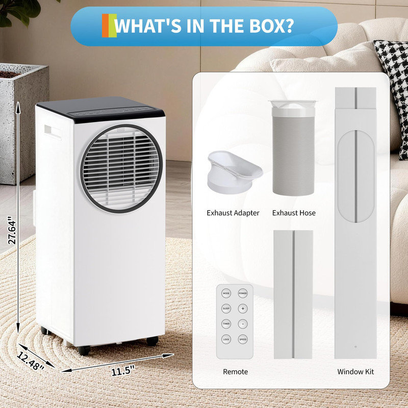 Petit climatiseur portatif 8 000 BTU - Aucune fenêtre requise, avec déshumidificateur et télécommande pour chambres à coucher, garages, salles de service (Refroidit 350 pieds carrés)