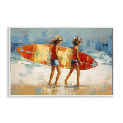 Enfants tenant une planche de surf, estampe numérique par Petal Prints Design