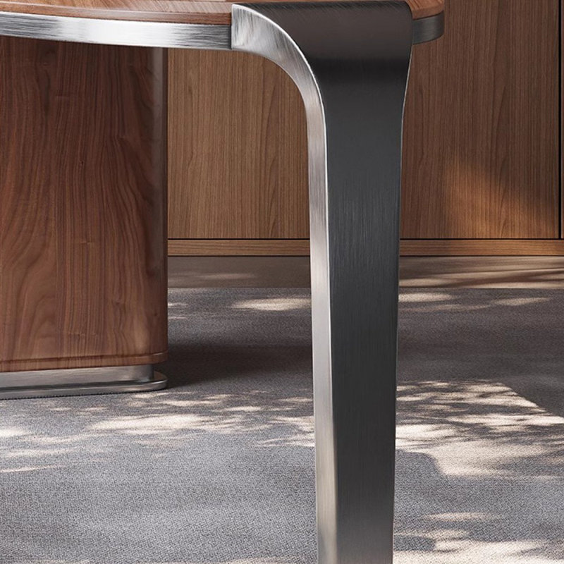 Bureau à 3 tiroirs brun noisette + bois massif ovale beige + métal, H 29,53 po x l 70,87 po x P 27,56 po, Retour à gauche