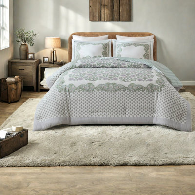 Ensemble de literie pour très grand lit, mélange de coton floral, vert sauge toutes saisons