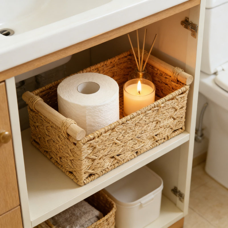 Panier à papier hygiénique tissé avec poignée en bois - Bac de rangement en corde de papier fait à la main pour la salle de bain, le salon, le bureau et l'organisation à la maison