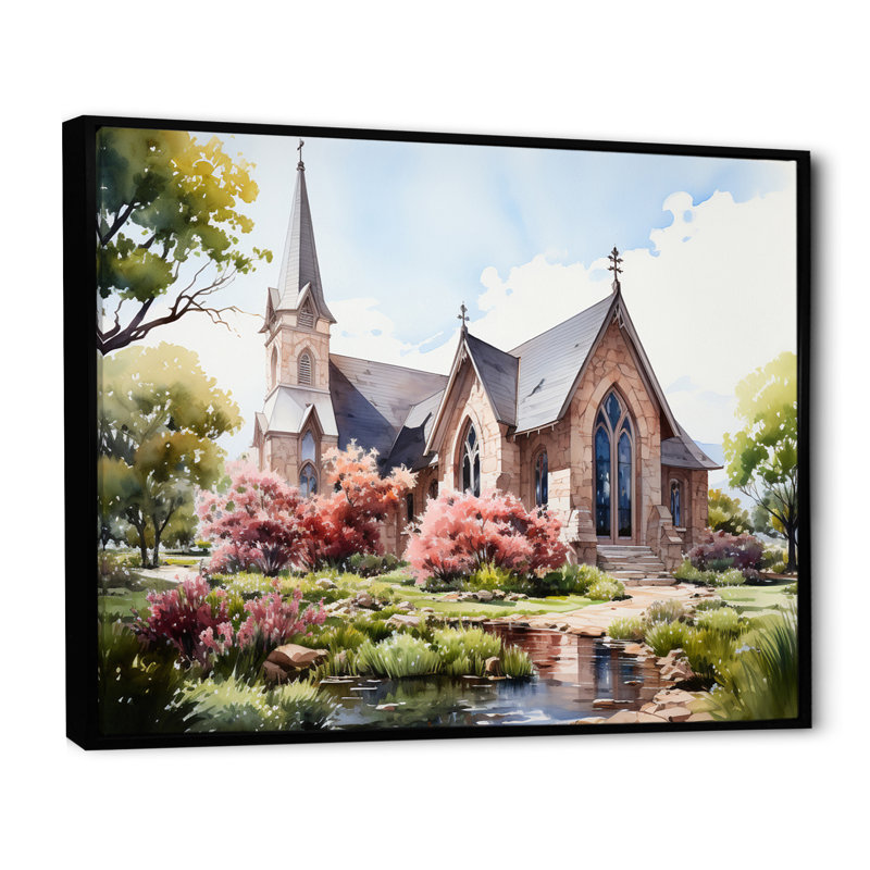 Aquarelle rustique de la chapelle blanche, Cadre flottant noir, H 24 po x l 32 po x P 1 po