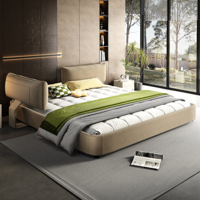 King Size Cloud Bed, Oversized Padded Movable Headboard, Chenille Upholstered, Metal And Pine Wood Slat Support, No Box Spring, Camel, Even Body Weight Distribution Quiet Night Sleep