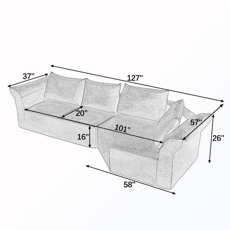 Canapé modulaire à bras droit avec coussins décoratifs, Black Fabric, Orienté à droite