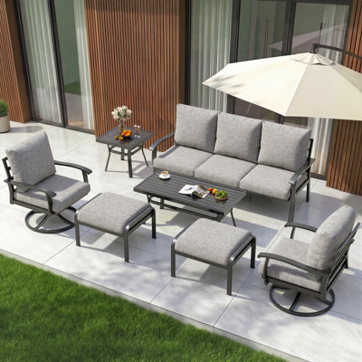 Ensemble de conversation en métal 7 pièces avec chaises berçantes pivotantes à 360 °, canapé, table basse et repose-pieds pour patio, jardin, terrasse ou piscine