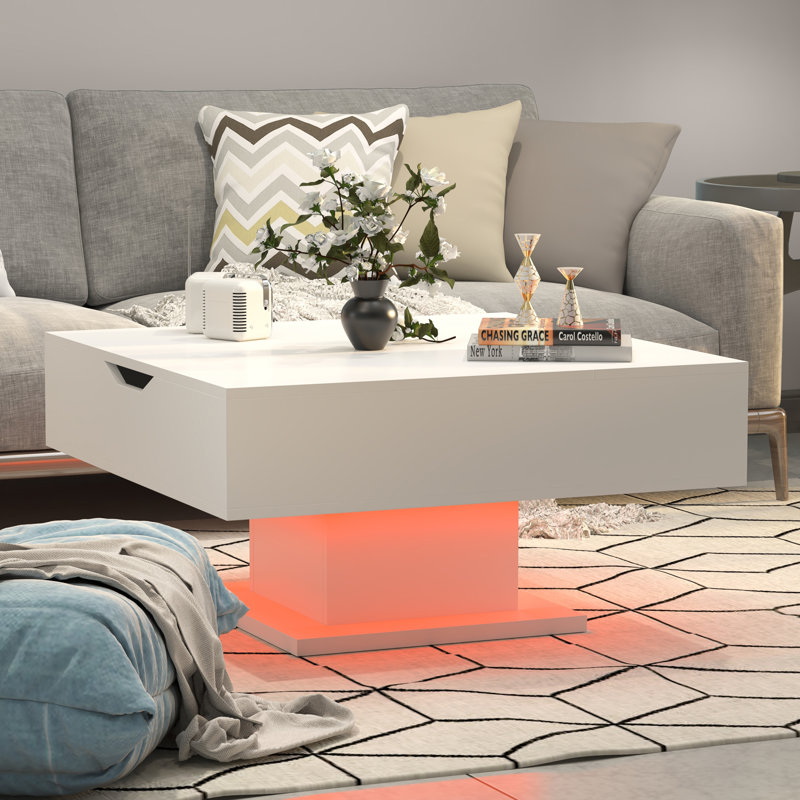 Lift Top Coffee Table with Storage - Wooden Square Design for Living Room, 16 Colors RGB LED Lighting System, White