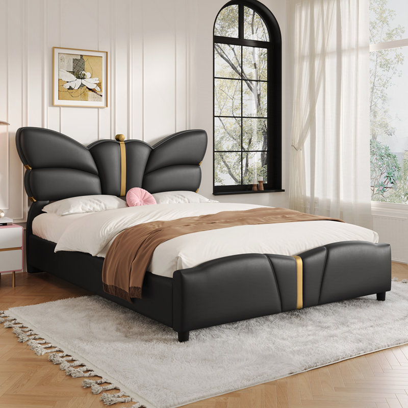 Structure de lit rembourrée en similicuir avec tête de lit en forme de papillon, Noir, Grand