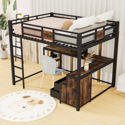 Queen Size Loft Bed With Built-In Desk And Storage Drawers And Shelves