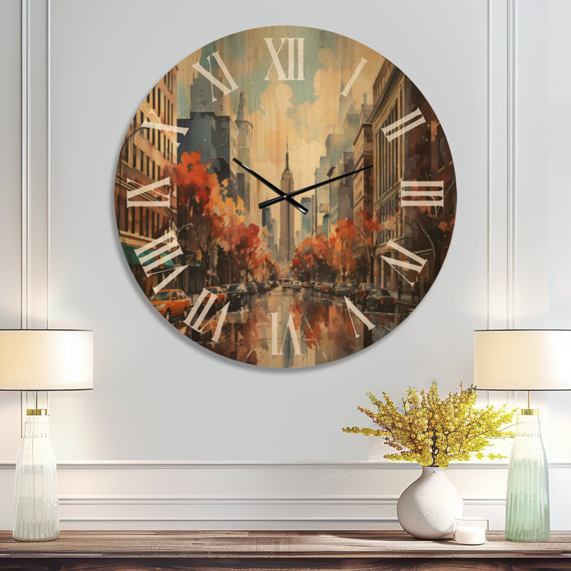 Très grande horloge murale en bois paysage urbain - brise d'automne à New York, Oversized