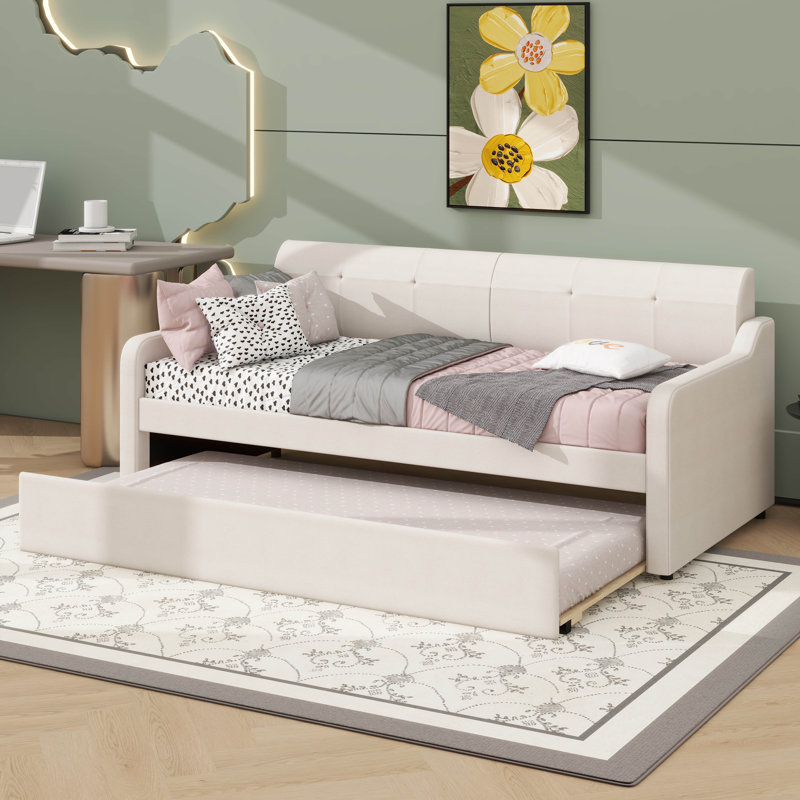 Twin Size Padded Daybed With Handy Trundle And USB Charging Ports, Beige