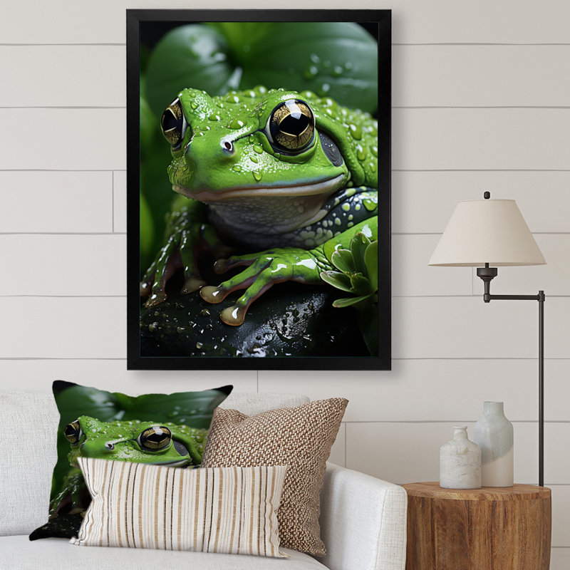 Green Frog Portrait, reproduction d'art sur toile, Cadre noir, H 32 po x l 24 po x P 1 po