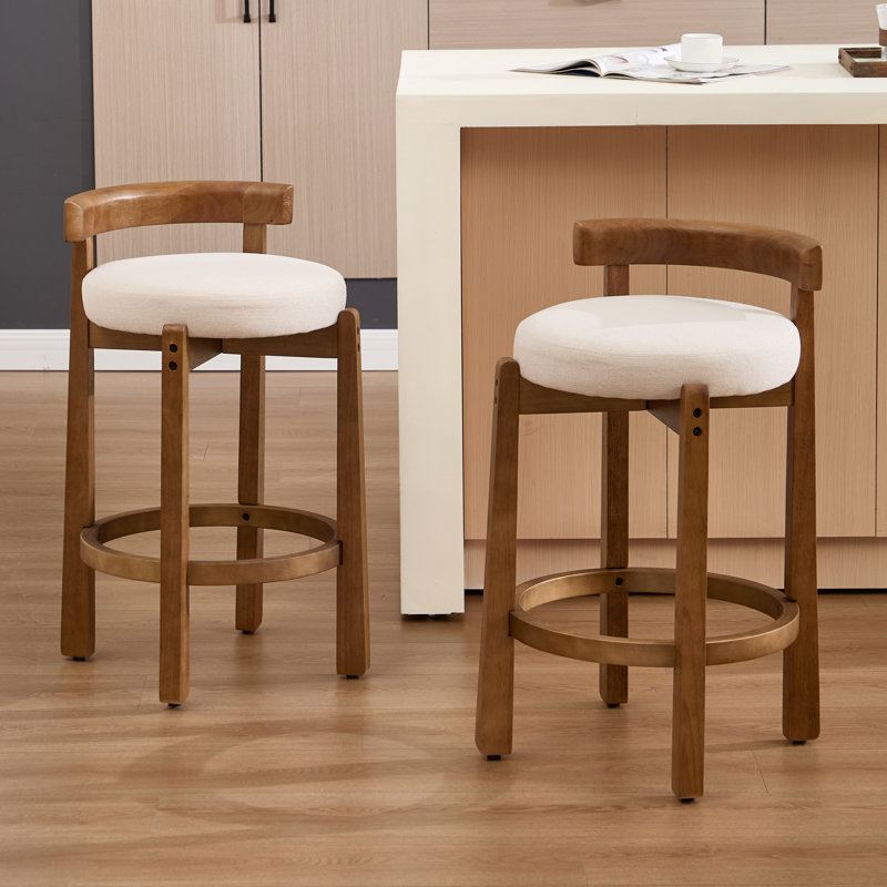 Ensemble de 3 tabourets de bar de style Mid-Century en lin beige avec tabouret de bar à dossier bas avec structure en bois massif, élégant et confortable