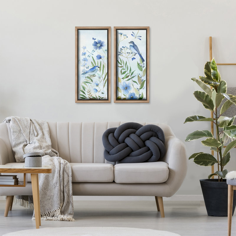 Ensemble de 2 toiles flottantes encadrées bleues avec fleurs et oiseaux, design par Janet Tava, H 25 po x l 11 po