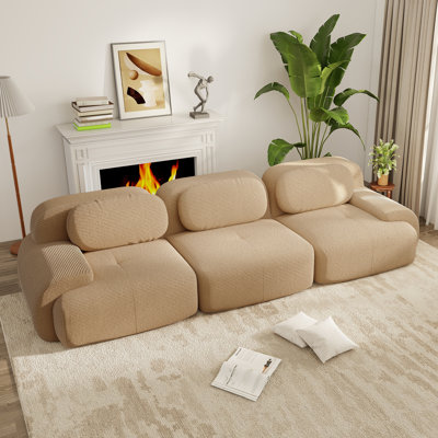 Modular Deep-Seat Sofa in Soft Corduroy, 3-Seat Lounge Sectional with Pillow-Back Design, Camel