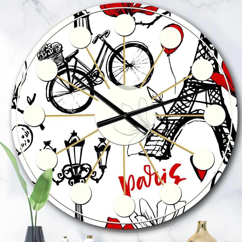 Horloge murale moderne Paris Eiffel Eiffel Hearts I - Mid-Century, Surdimensionné
