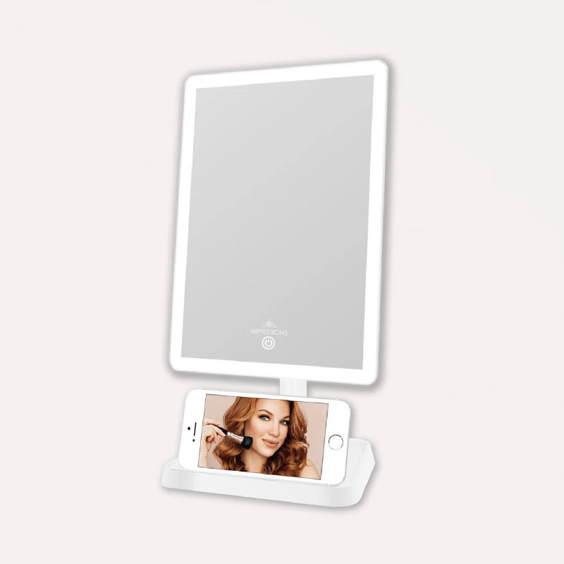 Charmed Tri Tone LED Makeup Mirror with Phone Holder, Tabletop Desk Mirrors with Metal Stand, White