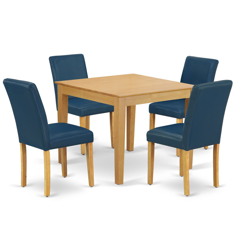 5 Piece Modern Dining Table Set Includes a Square Wooden Table and 4 Oasis Blue Faux Leather Upholstered Chairs, Oak, Oak, 5