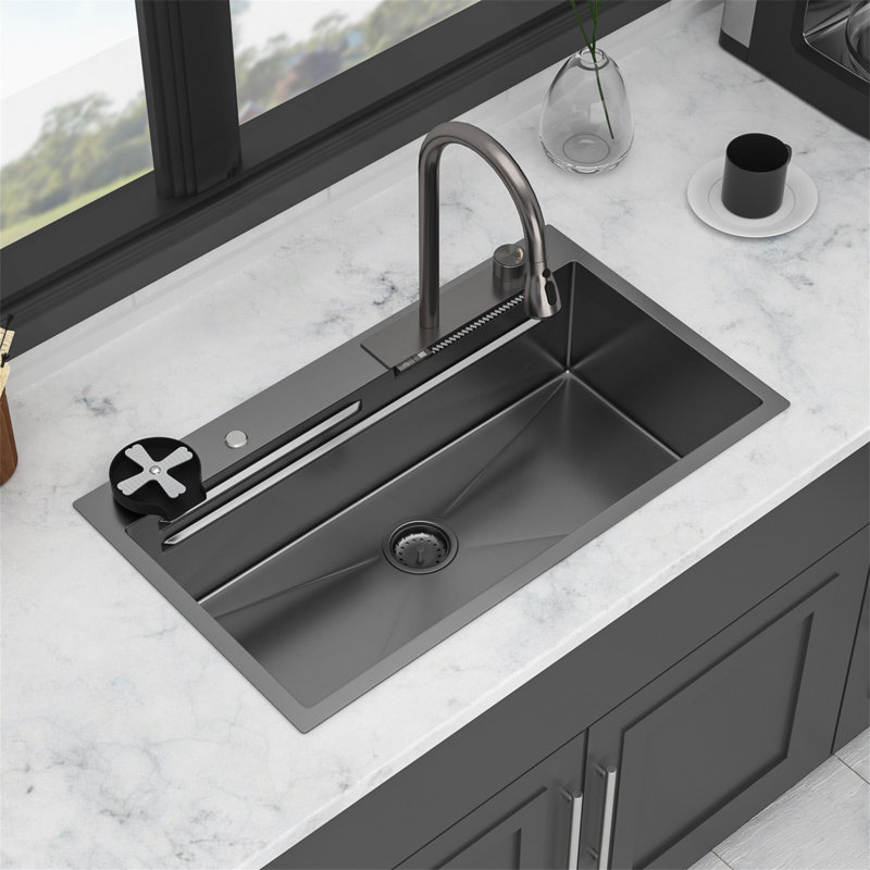 Évier de cuisine en cascade 33 po noir - 33 po x 19,29 po x 9 po, évier de cuisine multifonctionnel à simple cuve en acier inoxydable de calibre 16 avec comptoir de cuisine