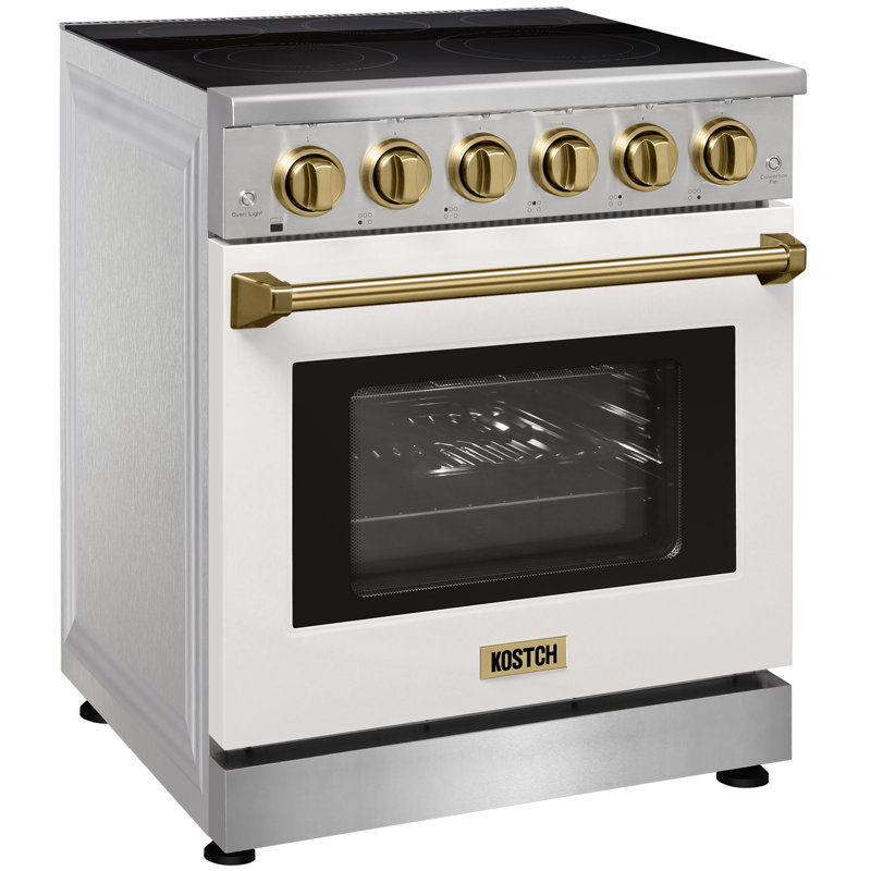 Cuisinière électrique professionnelle de 30 po avec 5 éléments chauffants Kostch, capacité de four à convection de 4,55 pieds cubes, surface de cuisson en verre lisse blanc avec accents bronze