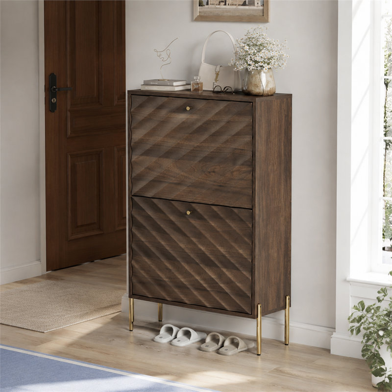 Armoire à chaussures à panneau diagonal, tiroirs rabattables réglables et pieds en métal
