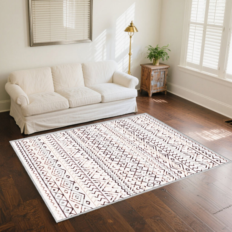 Chezare Boho Tribal Washable Indoor Bedroom Area Rug in Ivory and Brown for Living Room Décor, Rectangle 5' x 8'