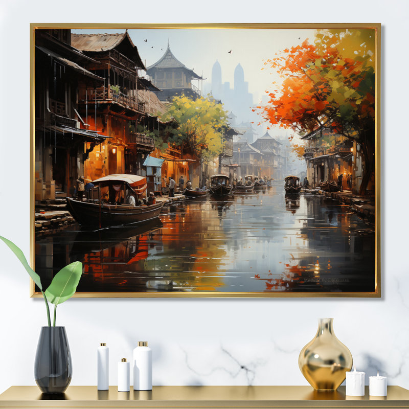 Rythmes du marché flottant du Vietnam I, H 30 po x l 40 po x P 1,5 po, Cadre flottant doré