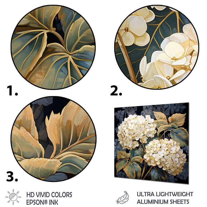 Illustration rétro de fleur d'hortensia blanc - art mural hortensia, H 30 po x l 30 po, Sans cadre, métal