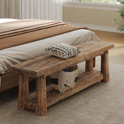 55" Solid Wood Entryway Bench with Shoe Storage, Rustic Charred Wood Grain Foyer Bench with Open Shelf for Hallway, Mudroom, Bedroom, Easy Assembly