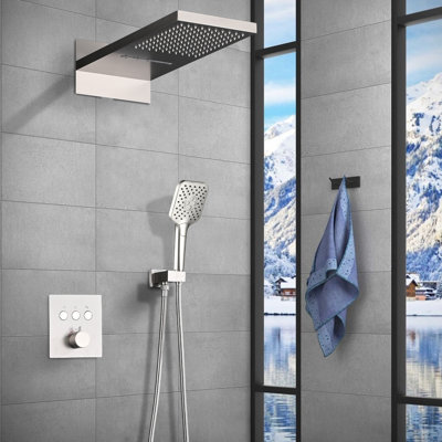 Système de douche thermostatique avec valve brute et pomme de douche rectangulaire à double fonction