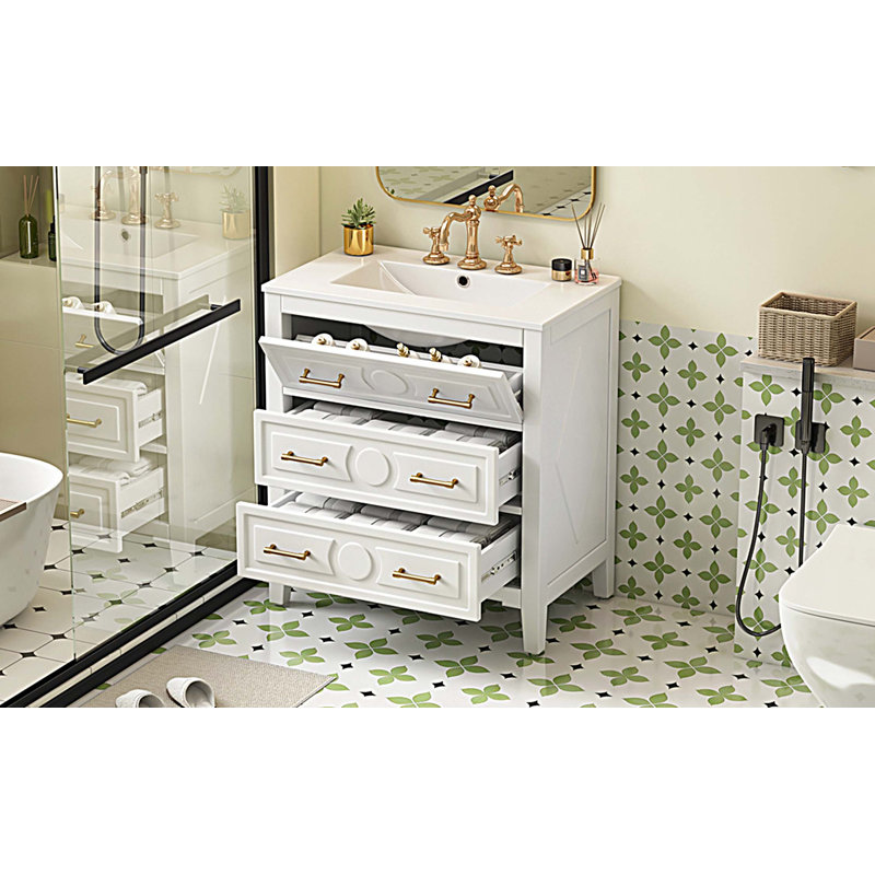 Armoire de salle de bain 30 po avec lavabo en céramique 30 po et 3 tiroirs, Blanc