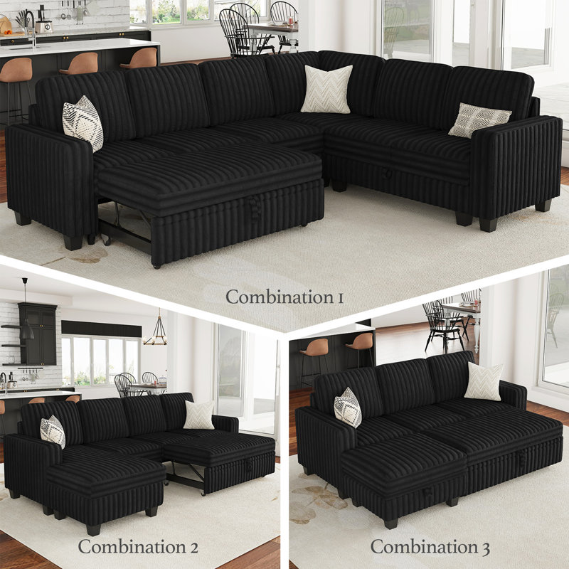 Corner Modular Sofa Set With Storage Soft Upholstery For Living Room, Black Faux Fur