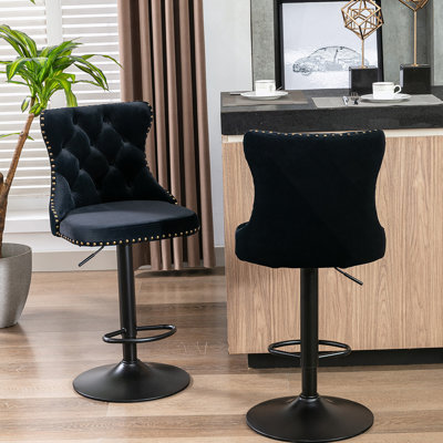 Swivel Velvet Barstools Adjusatble Seat Height From 25-33 Inch, Chrome Base Bar Stools With Backs Comfortable Tufted For Home Pub And Kitchen Island, Black,Set Of 2