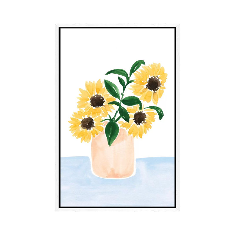 Sunflowers In A Vase by Sabina Fenn - Painting on Canvas, White Floater Framed, 101.6cm H x 66.04cm W x 3.81cm D