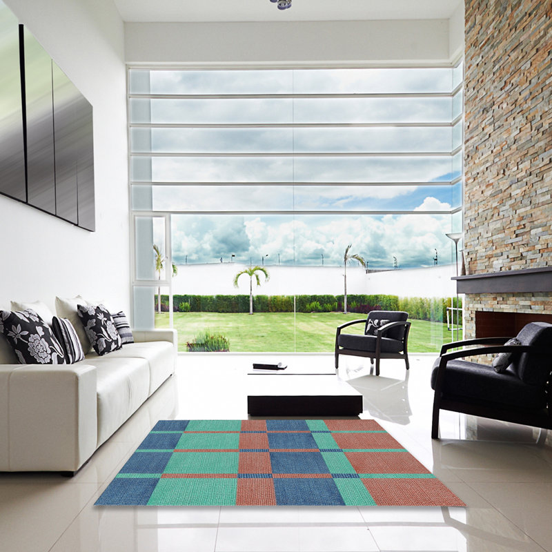 Tapis vert/brun/bleu à motif, Carré 5 pi
