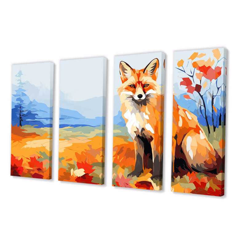 Orange Foxes Leaf Adventure III - ensemble de 4 décorations murales renard, H 28 po x l 48 po
