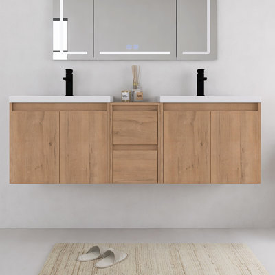 Ensemble de meuble-lavabo mural 60 po avec lavabo en résine, porte à fermeture en douceur et tiroirs