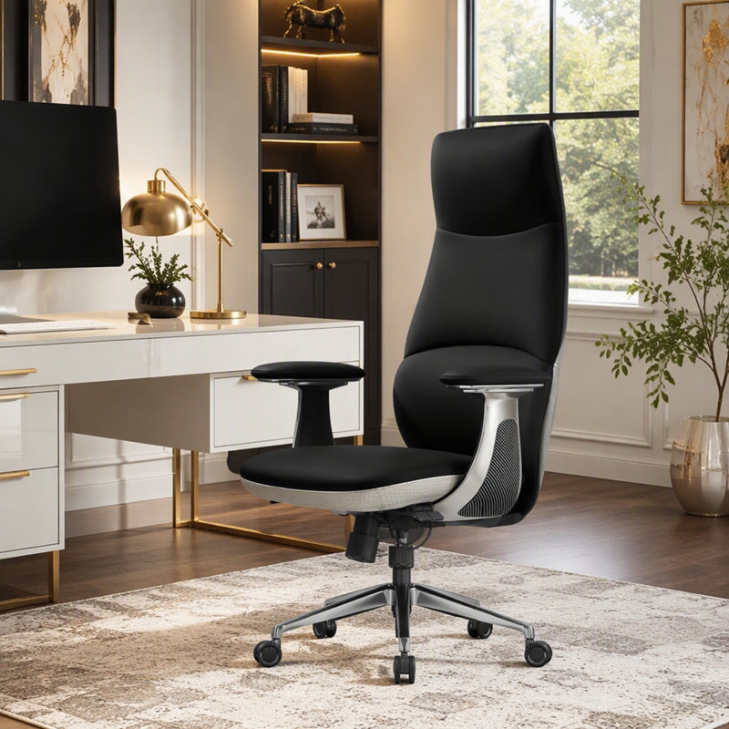 Fauteuil de direction ergonomique en cuir véritable avec dossier haut, motif élégant, réglages possibles et capacité de charge de 181 kg pour un confort et un soutien optimaux.