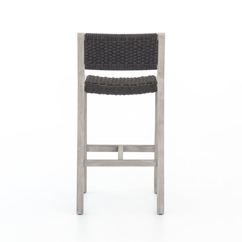 Delano Outdoor Teak Bar Stool, Bar Stool (29" Seat Height), Thick Gray Rope, Weathered Gray
