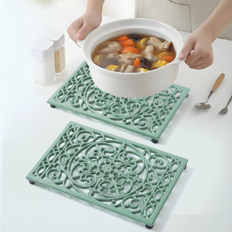 9.6 x 6.3 Inch Cast Iron Trivet Set, Large Metal Trivets for Hot Dishes Pots Pans Decorative Kitchen Trivets, Heat-Resistant Trivet Mats for Quartz Countertops, Green Kitchen Accessories