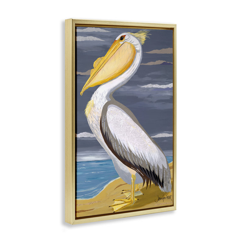 «White Pelican on Shore» par Jennifer Peck, H 31 po x l 21 po, Cadre flottant métallique doré