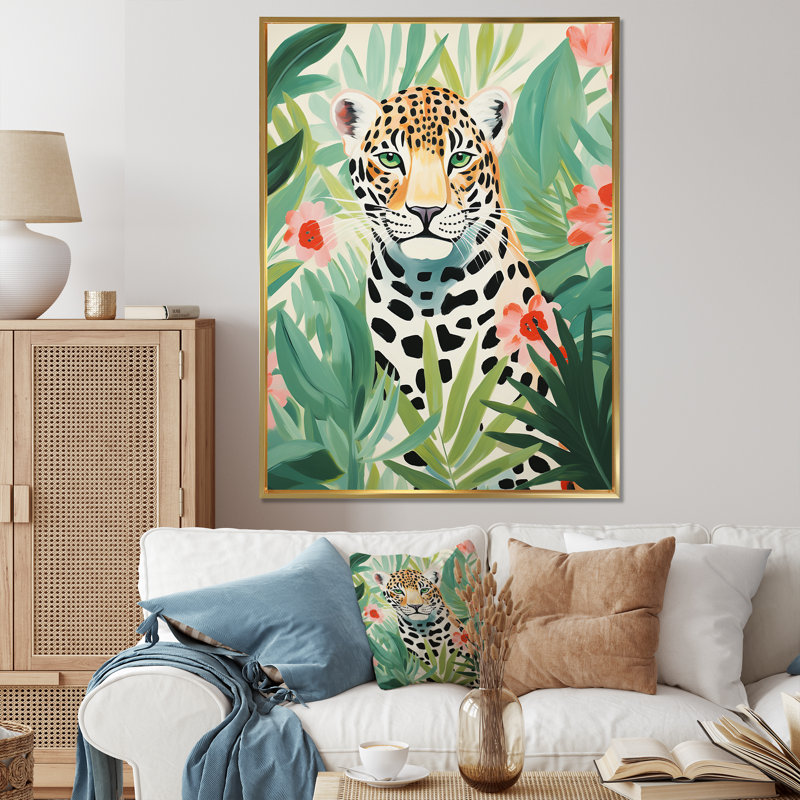 Léopard tropical vert et rose II - art mural encadré léopard, H 44 po x l 34 po x P 1,5 po, Cadre flottant doré