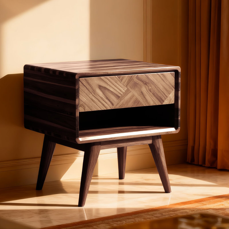Solid Acacia Wood Nightstand, Bedside Table with Drawer & Open Shelf, Mid-Century Art Deco Accent Piece, Scratch & Water-Resistant