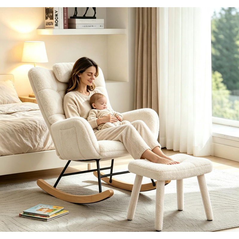 Ergonomic High Back Padded Rocking Chair with Footstool, Soft Cushion Comfortable Rocker, Durable Steel Frame Wooden Leg Non-Slip Rocking Chair for Living Room, Light Green