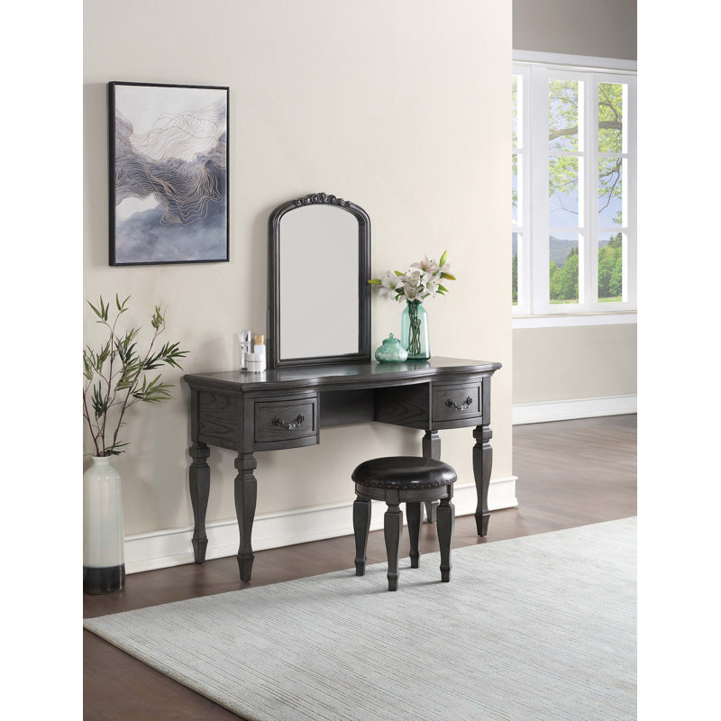 Bedroom Classic Vanity Set Wooden Carved Mirror Stool Drawers, Gray