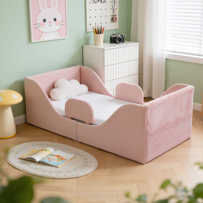 Lit pour tout-petits, lit pour tout-petits - conception basse-à-terre avec garde-corps détachables, lit de transition rembourré doux, lit de bébé standard pour les enfants de 1 à 6 ans (blanc)