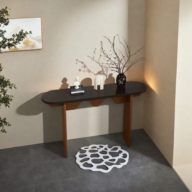 Retro Minimalist Art Console Table, Black, Natural Wood, 31.5" H x 39.37" W x 11.81" D