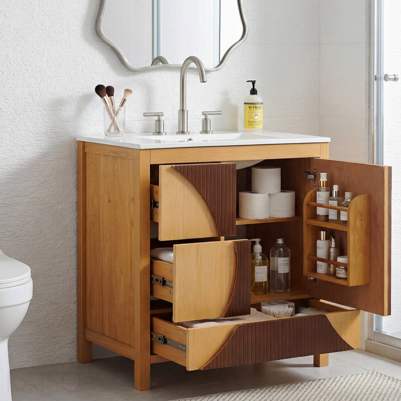 Meuble-lavabo de style moderne Mid-Century 30 po avec lavabo - Armoire autoportante en bois artistique avec 3 tiroirs et porte à fermeture en douceur, panneau à cannelures bicolore