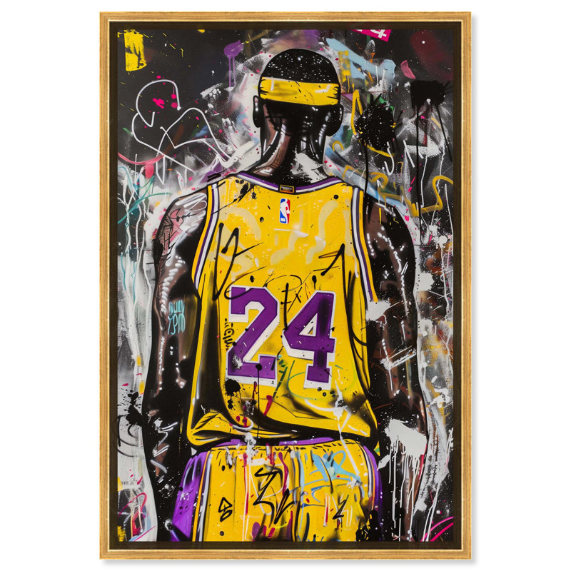 Art mural tendance sur toile jaune graffiti basketball par Notoriart, Cadre doré, H 25 po x l 17 po