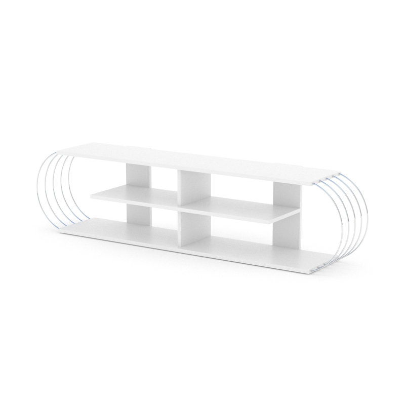 68 inch Tv Stand 4 Shelves Open Storage Entertainment Centre Mid Century Modern White/Chrome