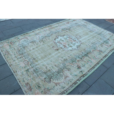 Grand tapis turc Oushak rétro vert - tapis en laine minimaliste moderne pour la salle à manger